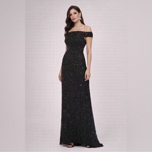 NWT! ADRIANNA PAPELL OFF SHOULDER BEADED COLUMN GOWN - BLACK